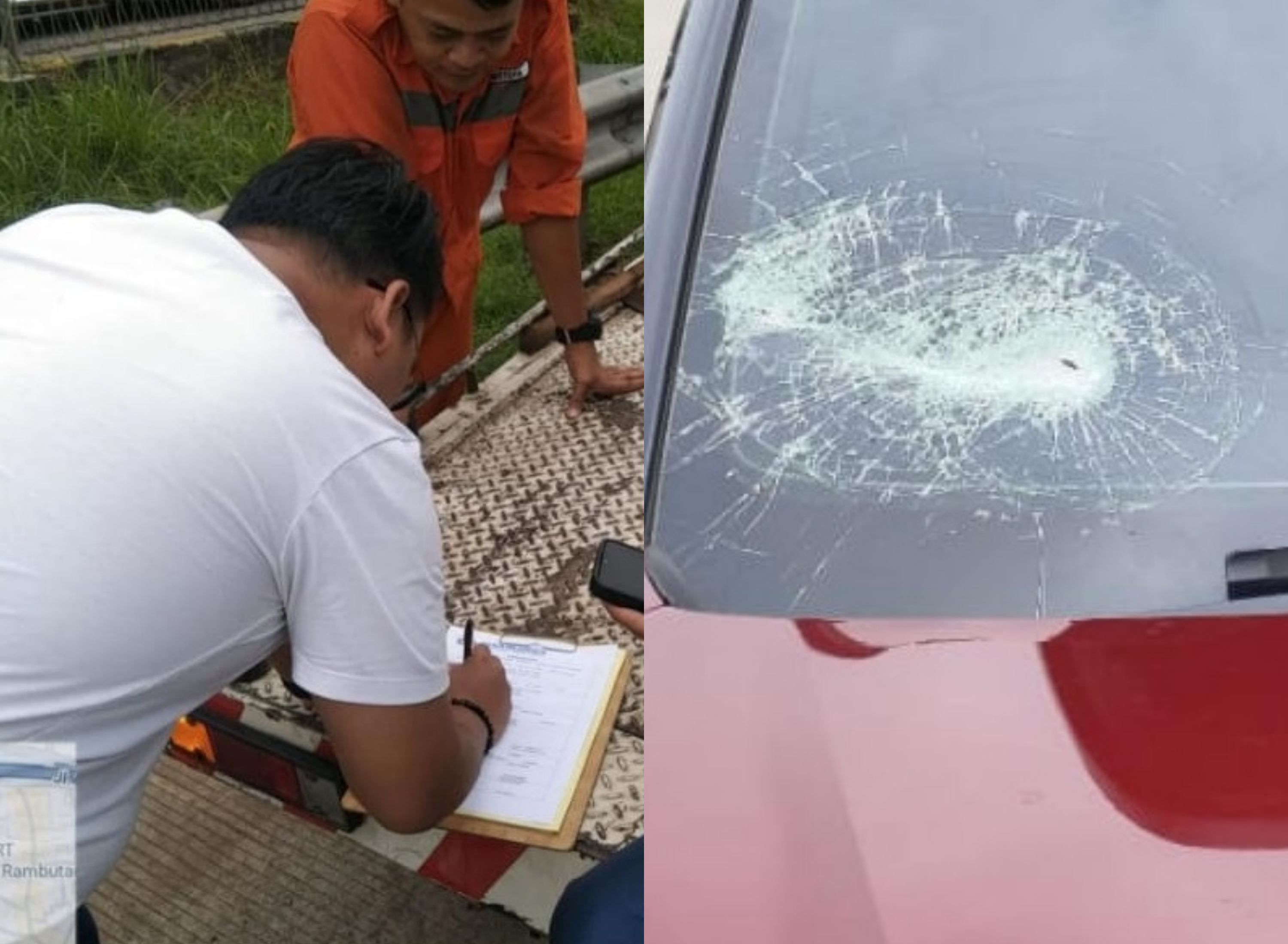 Brak! Mobil Dihantam Batu Saat Melintas di Tol Jagorawi, Kaca Depan Ringsek