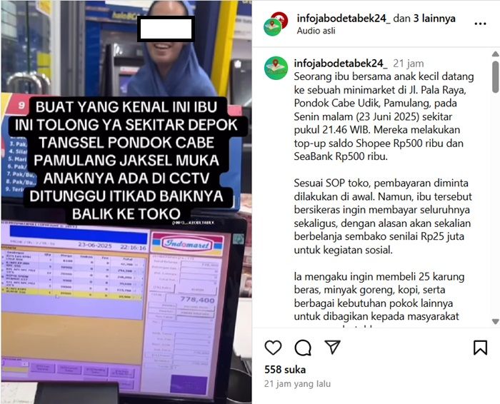 Minimarket di Pamulang Apes, Ibu Bawa Anak Belanja hingga Rp25 Juta tapi Kabur