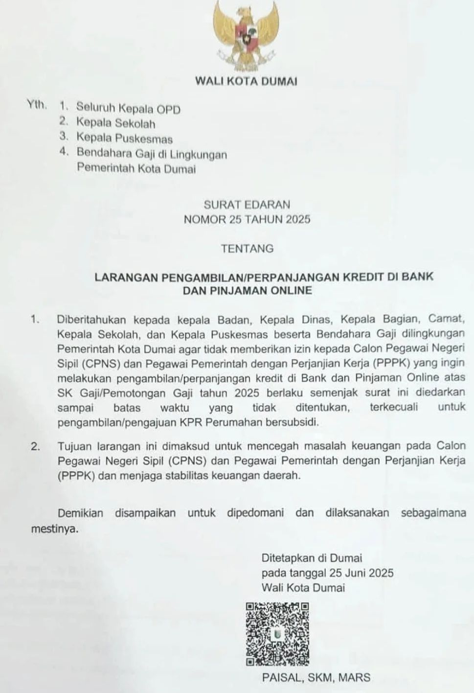 Wali Kota Dumai Paisal Larang PNS dan P3K Ambil Kredit Bank Dan Pinjol