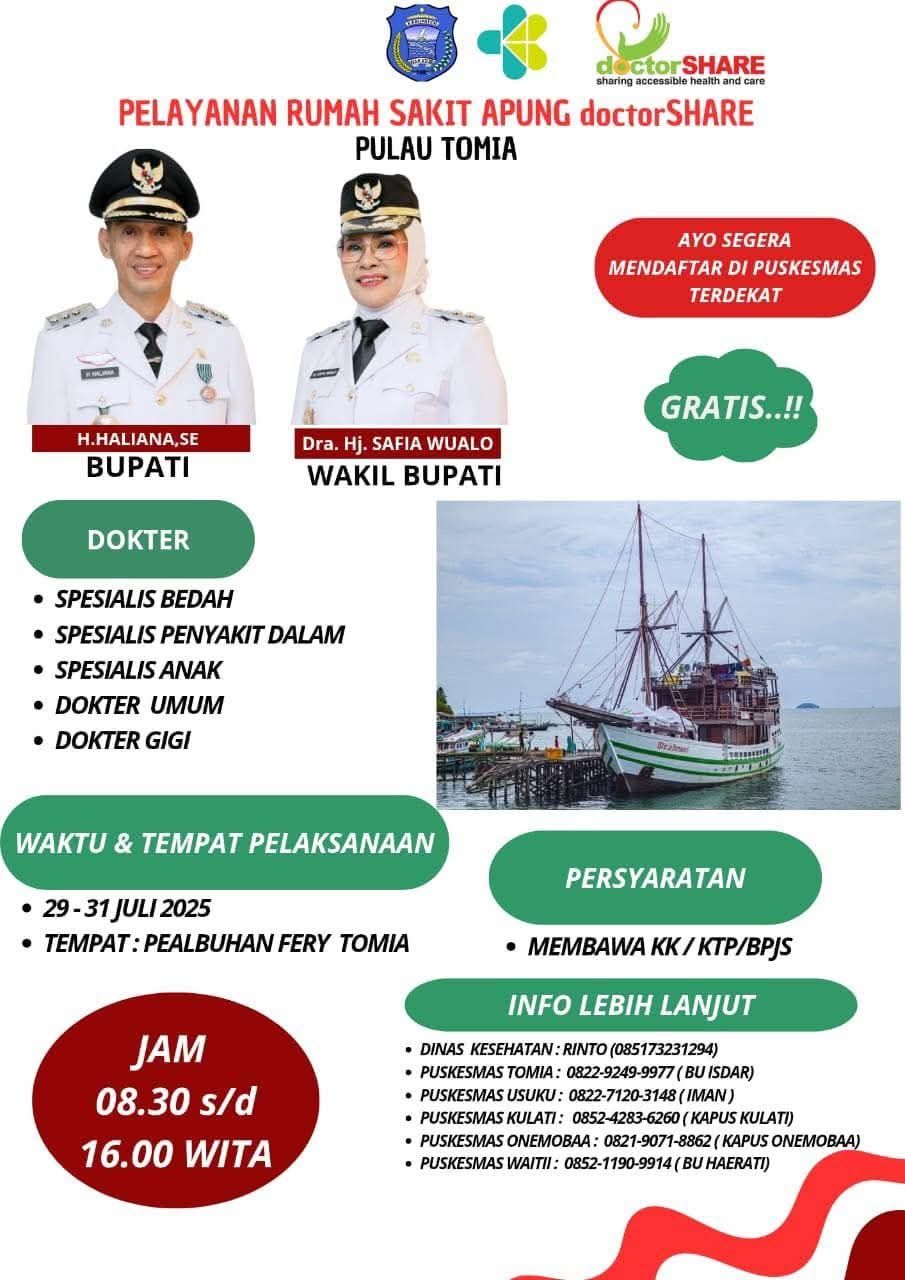 Pelayanan Kesehatan Gratis oleh RS Apung DoctorShare Siap Hadir di Tomia dan Binongko