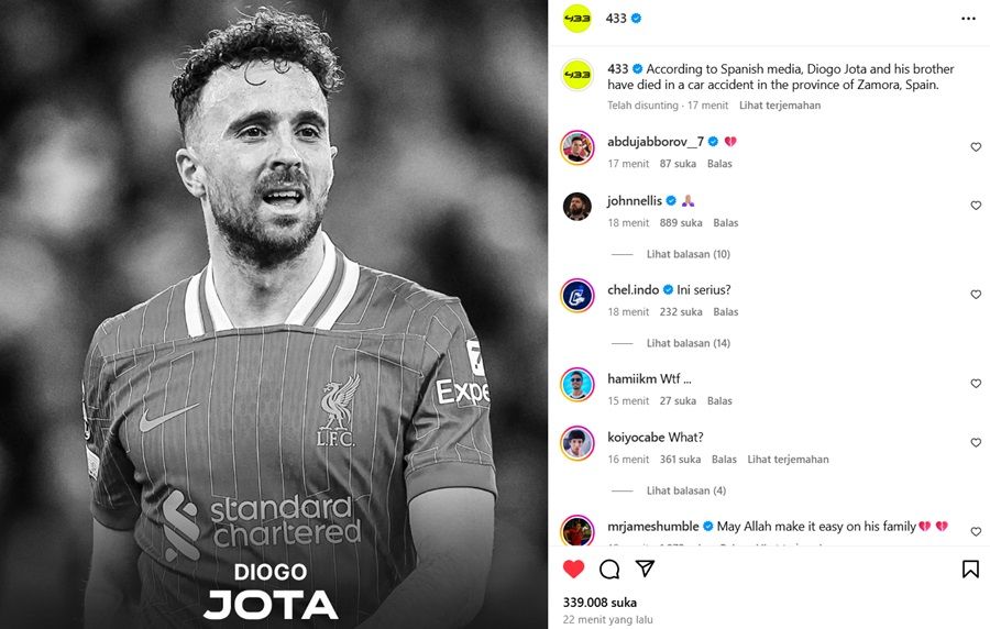 Breaking News: Penyerang Liverpool Diogo Jota Dilaporkan Meninggal Dunia karena Kecelakaan Mobil di Spanyol