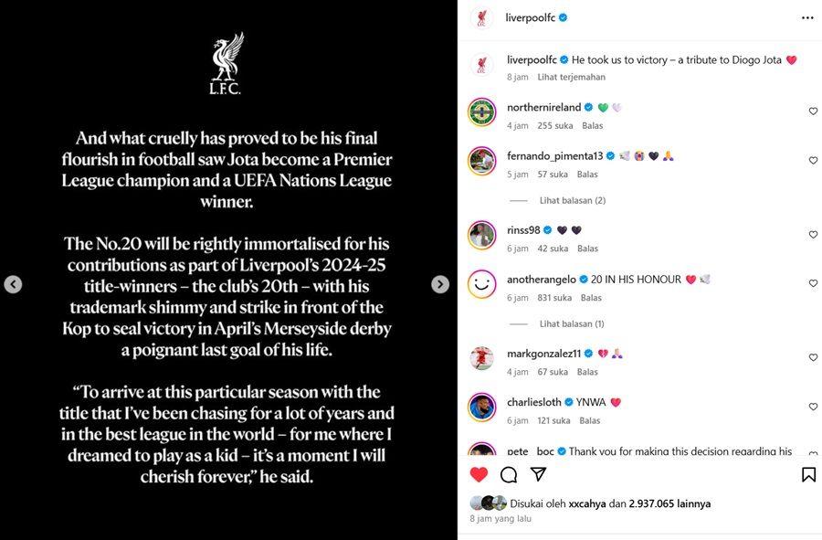 Meninggal Dunia dalam Kecelakaan Mobil, Liverpool Abadikan Nomor 20 Milik Diogo Jota