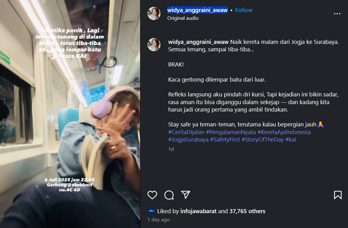 Viral! Detik-detik Penumpang Kereta Jogja–Surabaya Kena Lempar Batu, Wajah Penuh Luka