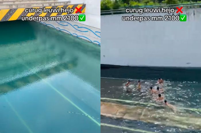 Terendam Banjir, Underpass MM2100 Cikarang Mendadak Jadi Kolam Renang Warga
