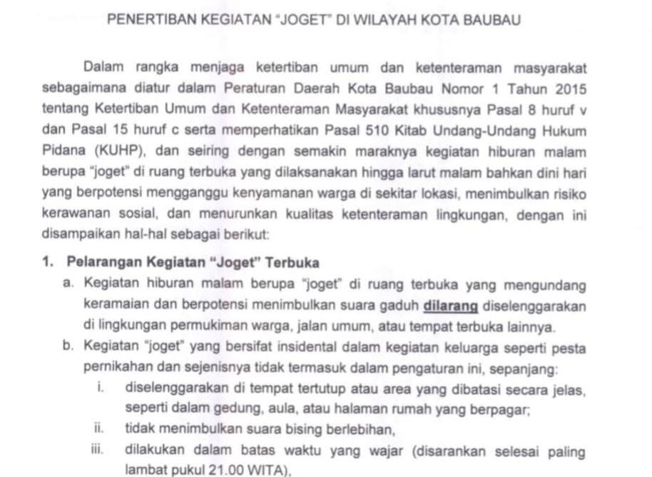 Pemkot Baubau Terbitkan Edaran Larangan Joget untuk Jaga Ketertiban dan Cegah Konflik