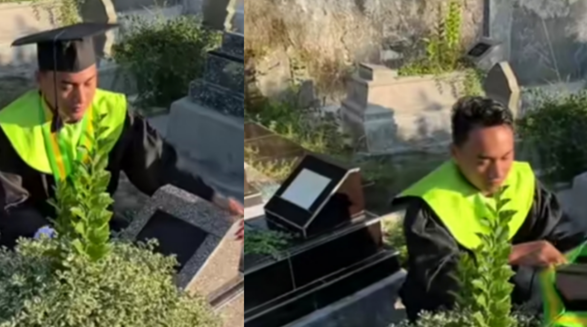 Bikin Terharu! Penuhi Janji pada Sang Ibu, Mahasiswa Ini Kalungkan Samir dan Toga ke Pusara Makam
