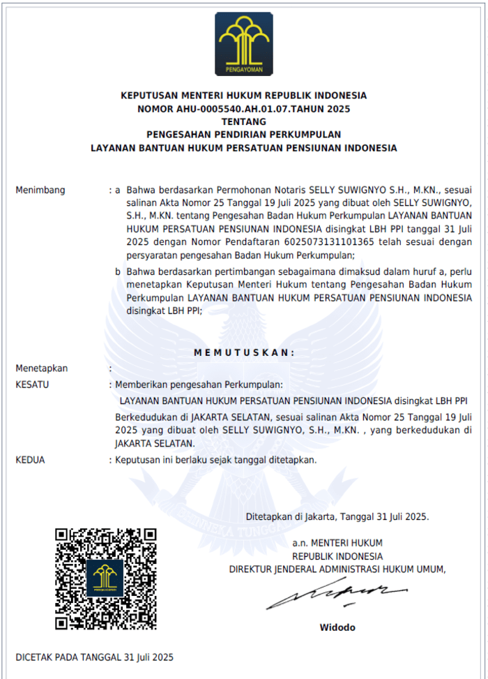 Kementerian Hukum Sahkan Pendirian LBH Persatuan Pensiunan Indonesia, Dharsyi Akib Ditunjuk Jadi Ketua Umum