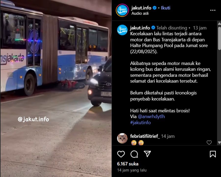 Brak! Motor Masuk Kolong Bus TransJakarta di Plumpang, Untung Tak Ada Korban Jiwa