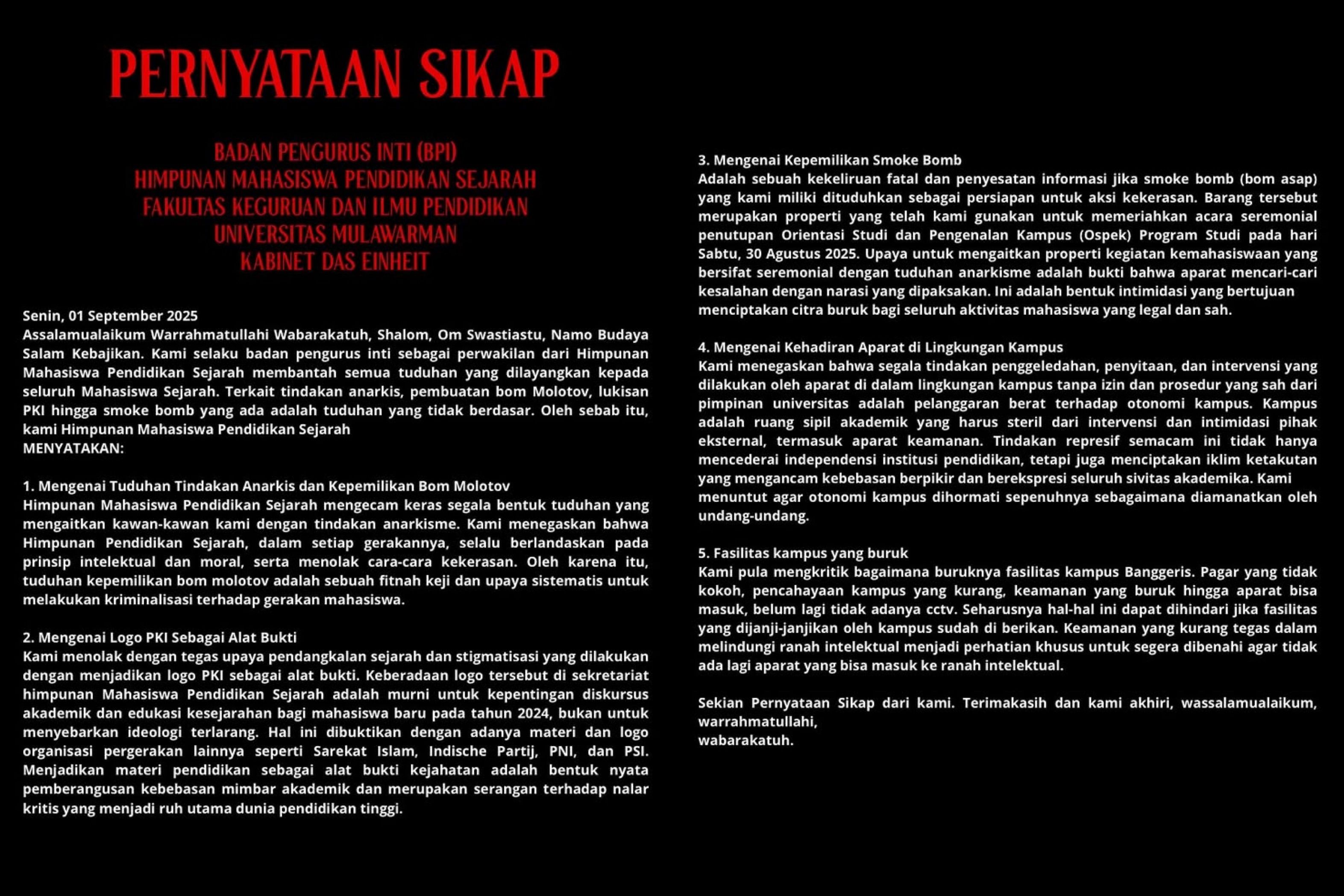 Mahasiswa Sejarah Unmul Tolak Tuduhan Molotov dan Logo PKI, Sebut Ada Upaya Kriminalisasi