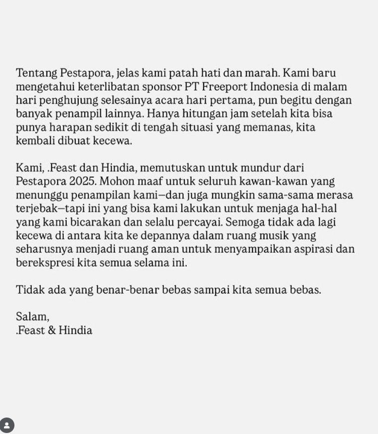 Hindia, Feast hingga Sukatani Memutuskan Batal Tampil di Pestapora 2025, Berkaitan dengan Freeport?