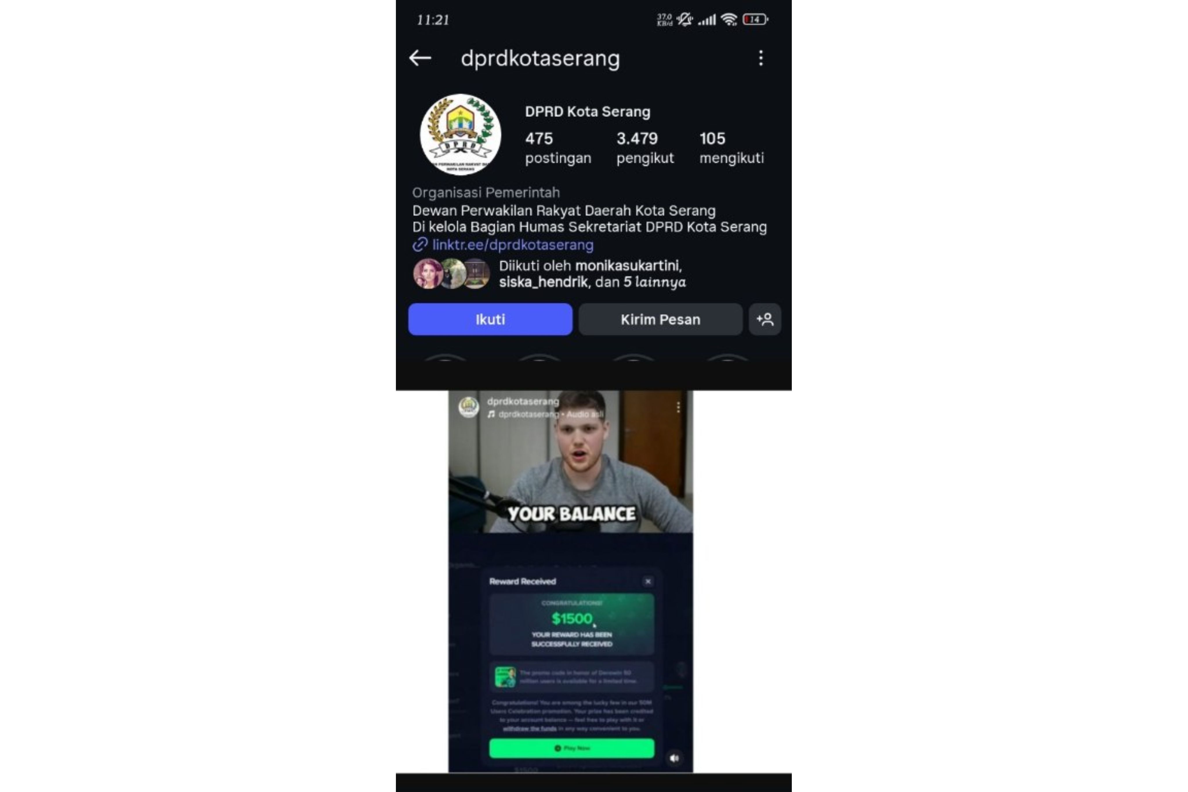 Akun Instagram Resmi DPRD Kota Promosikan Judi Online
