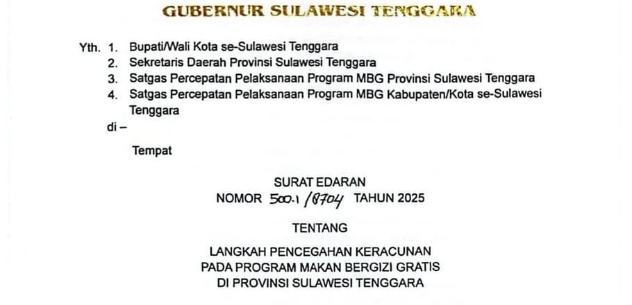 Cegah Keracunan, Gubernur Sultra Terbitkan SE Pengawasan Program Makan Bergizi Gratis