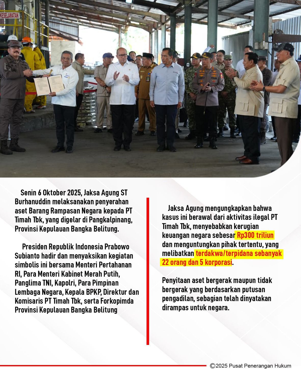 Kejagung Serahkan Aset Rampasan Negara Kasus Korupsi Timah, Presiden Prabowo Turut Hadir