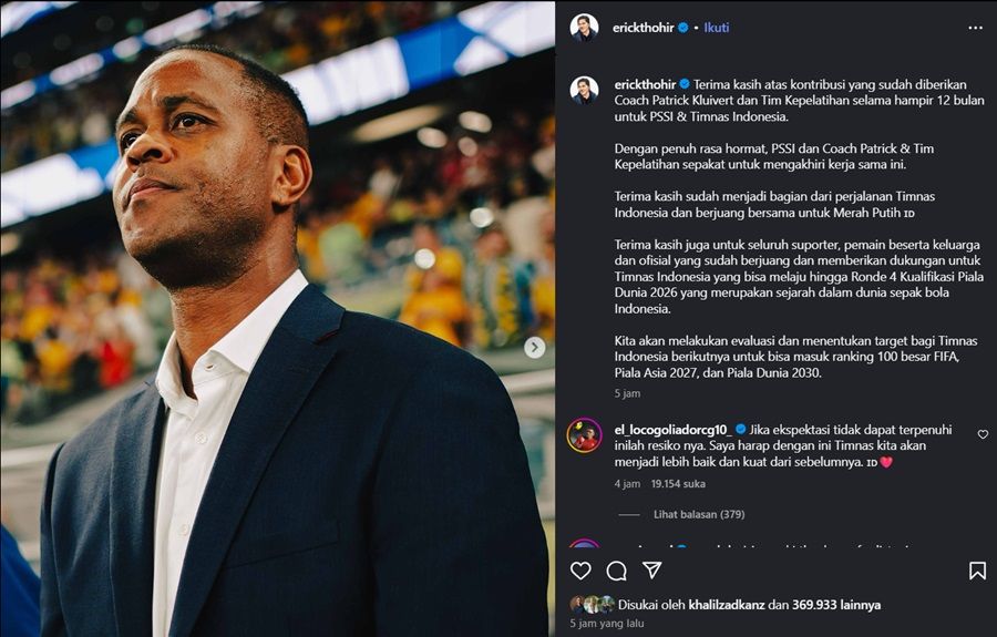 Ketum PSSI Erick Thohir Apresiasi Patrick Kluivert: Terima Kasih atas Kontribusinya
