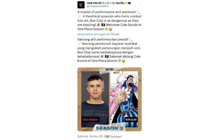 Resmi! ‘Cole Escola’ sebagai Bon Clay untuk One Piece Live Action Season 3