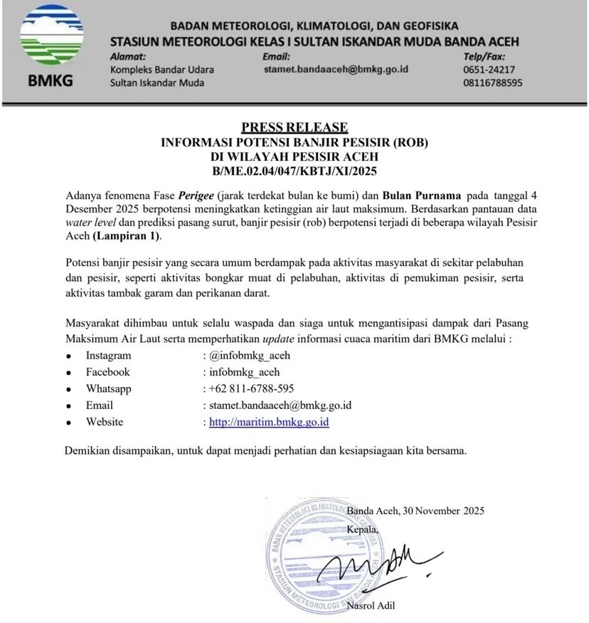 BMKG Rilis Peringatan Rob, Ini Daftar Wilayah Pesisir Aceh yang Kena Dampak