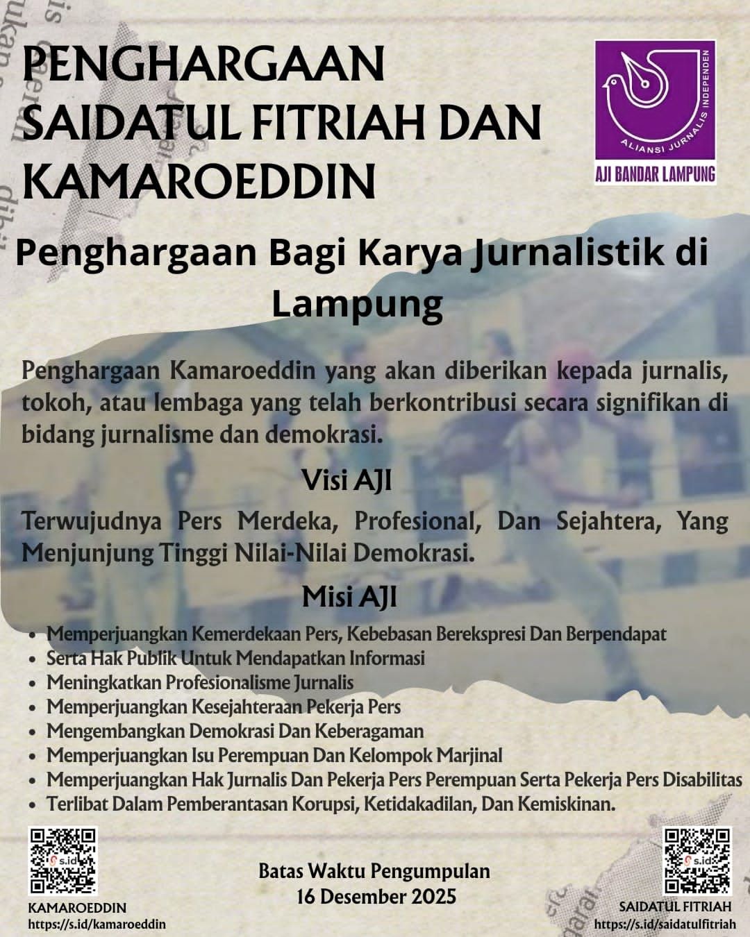 AJI Bandar Lampung Kembali Gelar Anugerah Saidatul Fitriah dan Kamaroeddin