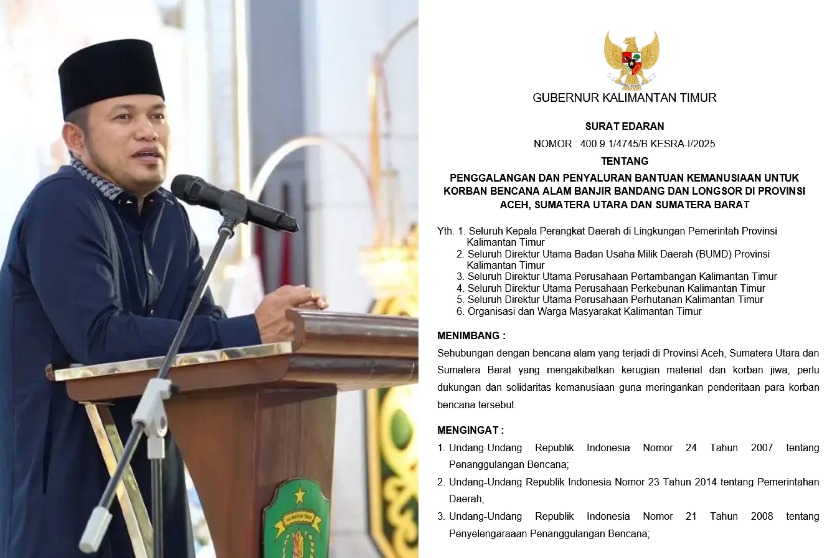 Gerakan Kaltim Peduli, Gubernur Kaltim Ajak Seluruh Perusahaan dan Warga Donasi untuk Korban Bencana Sumatera