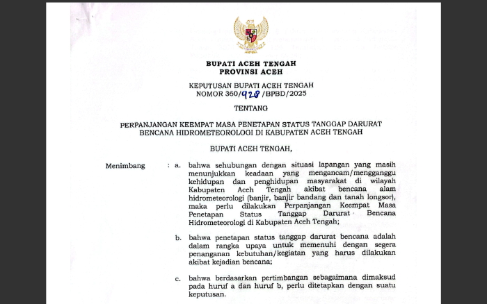Aceh Tengah Perpanjang Status Tanggap Darurat hingga 8 Januari 2026