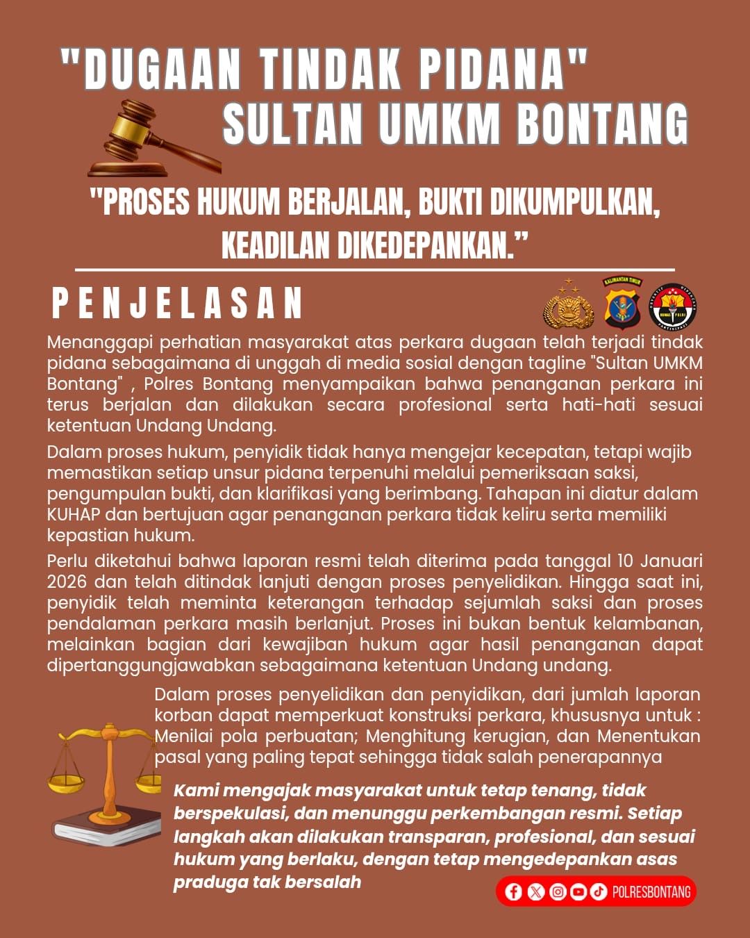 Polres Bontang Pastikan Kasus Sultan UMKM Berlanjut, Kedepankan Kepastian Hukum dan Asas Praduga Tak Bersalah