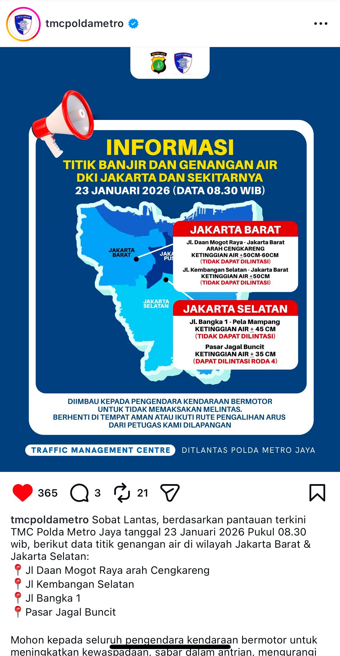 Ini 4 Titik Genangan hingga 60 Cm di Jakbar-Jaksel Hari Ini, Pemotor Wajib Menghindar!