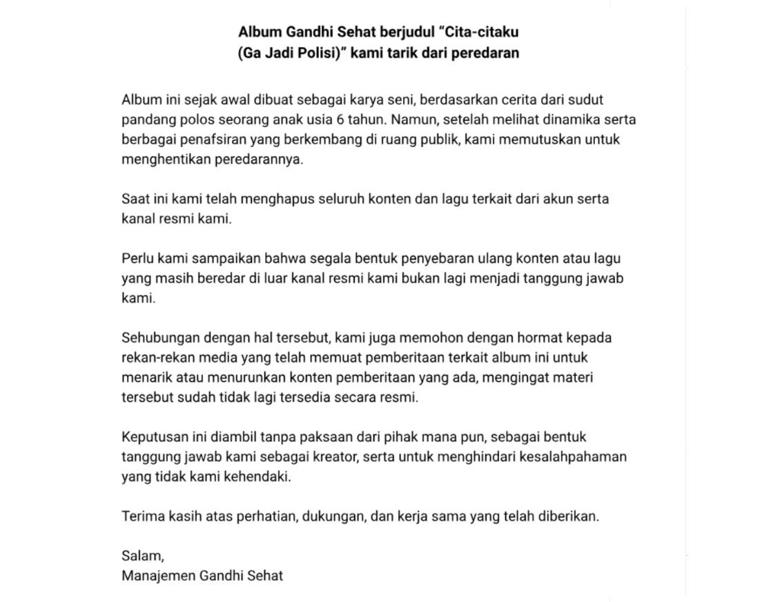 Baru Seminggu Rilis, Lagu Anak Cita-citaku (Ga Jadi Polisi) dari Gandhi Sehat Ditarik dari Peredaran