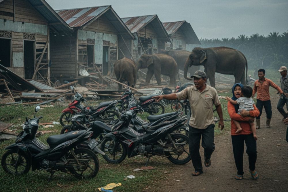 13 Ekor Gajah Sumatra Mengamuk di Mes Karyawan PT Rara Abadi di Siak