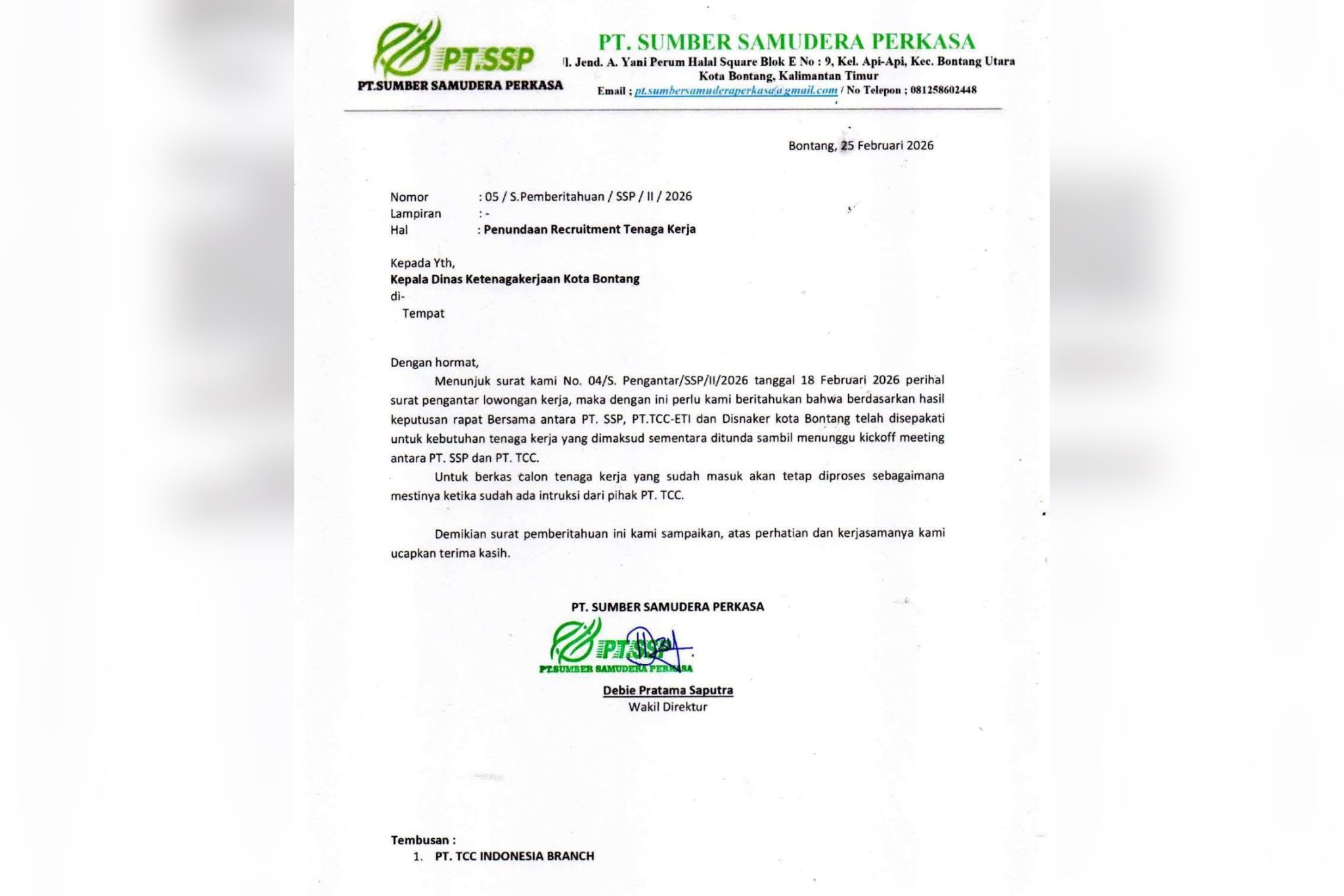 Tunggu Instruksi PT TCC, PT Sumber Samudera Perkasa Pastikan Berkas Pelamar Tetap Akan Diproses
