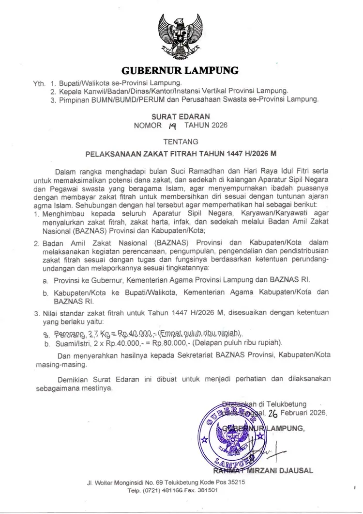 Gubernur Lampung Tetapkan Zakat Fitrah Rp40.000 per Jiwa atau 2,7 Kg Beras