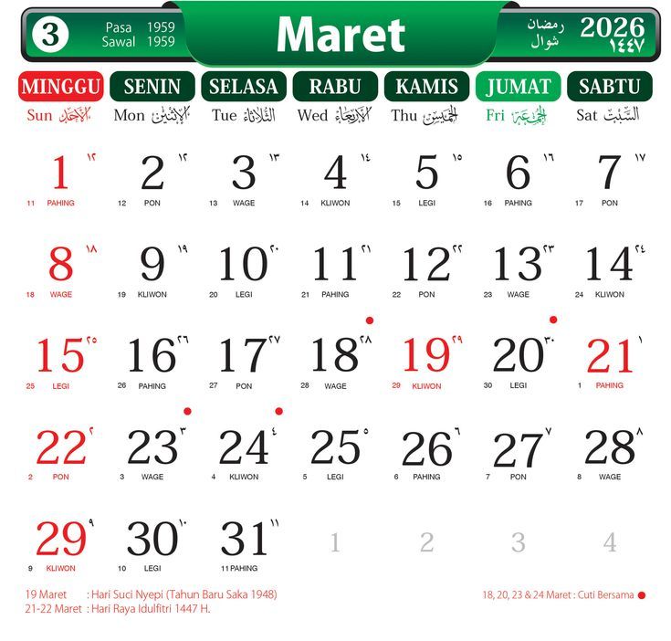 Tanggal Merah Maret 2026 Ada Berapa Hari? Cek Daftar Libur Nasional & Long Weekend
