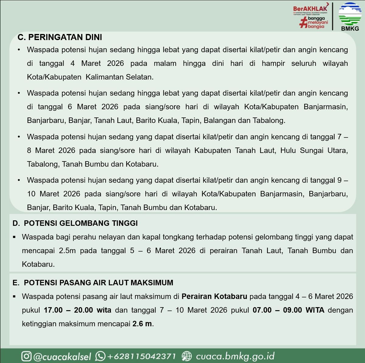 Waspada Cuaca Ekstrem Kalsel 4–10 Maret 2026: Ancaman Hujan Petir dan Banjir Rob