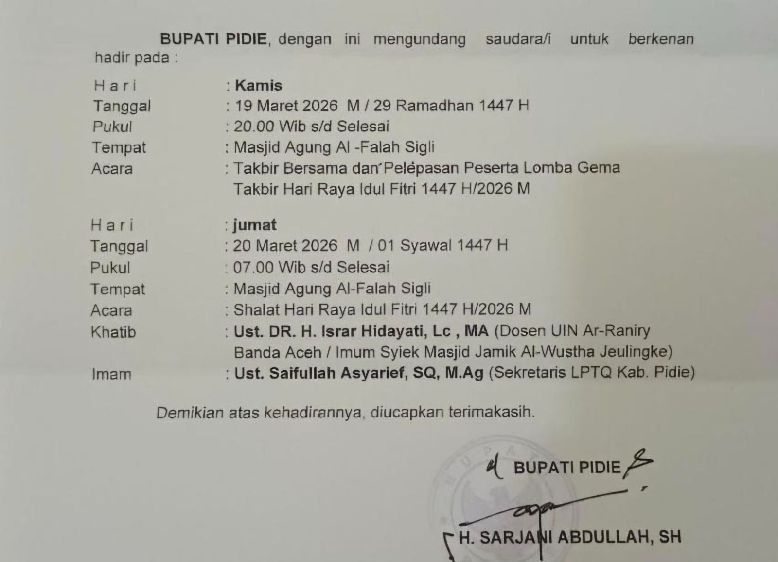 Pemerintah Kabupaten Pidie Tetapkan Idul Fitri Jatuh pada 20 Maret 2026