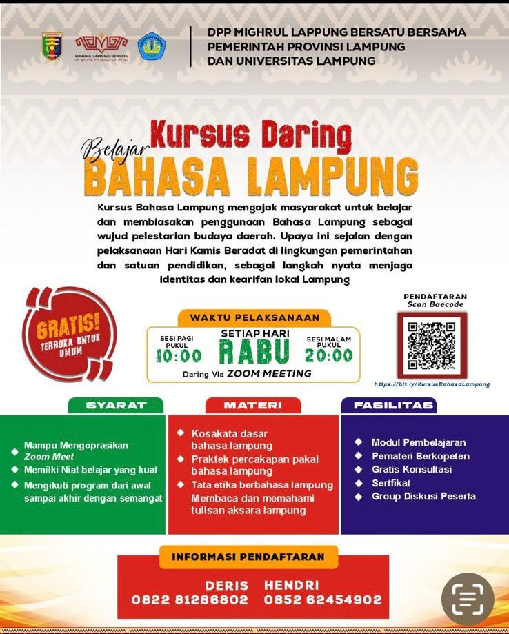 Belajar Bahasa Lampung Gratis via Zoom, Mighrul & Unila Buka Pendaftaran untuk Umum