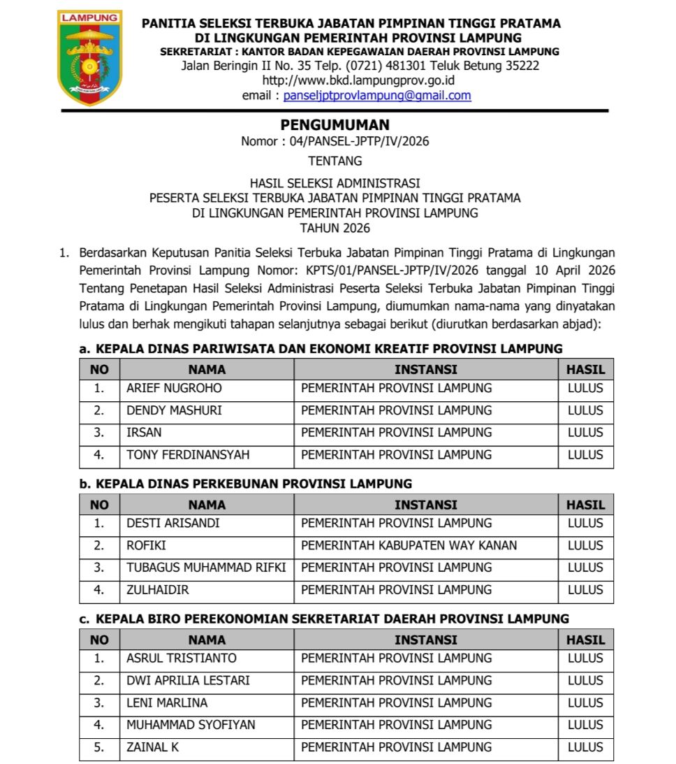 Pemprov Lampung Umumkan Hasil Seleksi Administrasi Jabatan Kadisparekraf, Kadis Perkebunan dan Kabiro Perekonomian