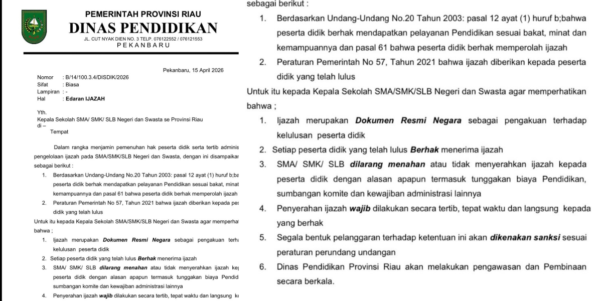 Sekolah di Riau Tak Boleh Tahan Ijazah, Ini Aturannya