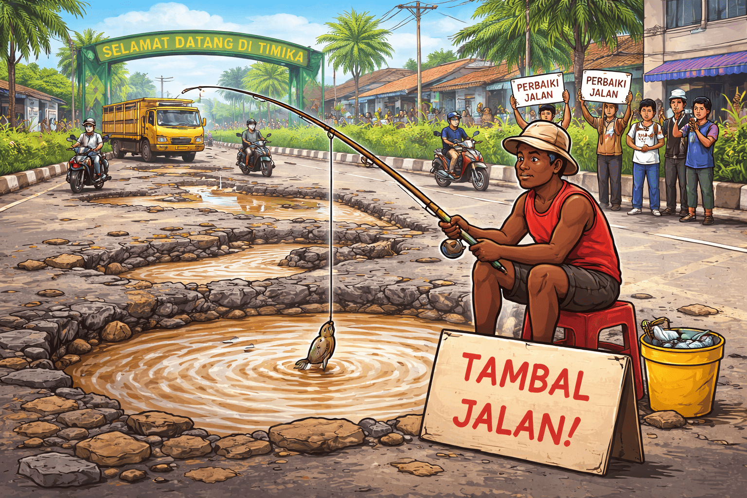 Protes Jalan Rusak, Warga Timika Ubah Jalan Ahmad Yani Jadi Kolam Memancing