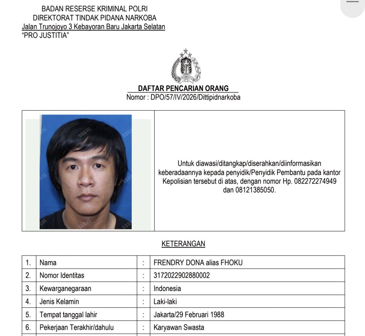 Frendry Dona Otak Lab Vape Etomidate di Jaktim Jadi DPO, Diburu Bareskrim Polri