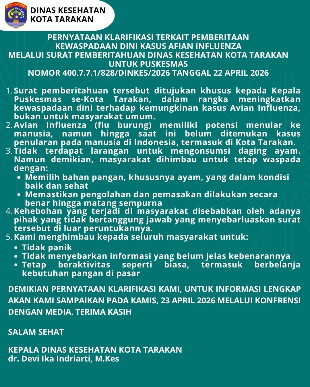 Dinkes Tarakan Imbau Warga Tak Terpengaruh Isu Flu Burung