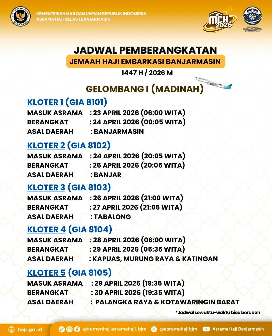 Jadwal Lengkap Keberangkatan Haji Embarkasi Banjarmasin 2026: Cek Kloter dan Tanggal Masuk Asrama!