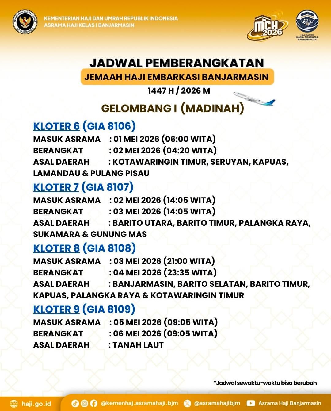 Jadwal Lengkap Keberangkatan Haji Embarkasi Banjarmasin 2026: Cek Kloter dan Tanggal Masuk Asrama!