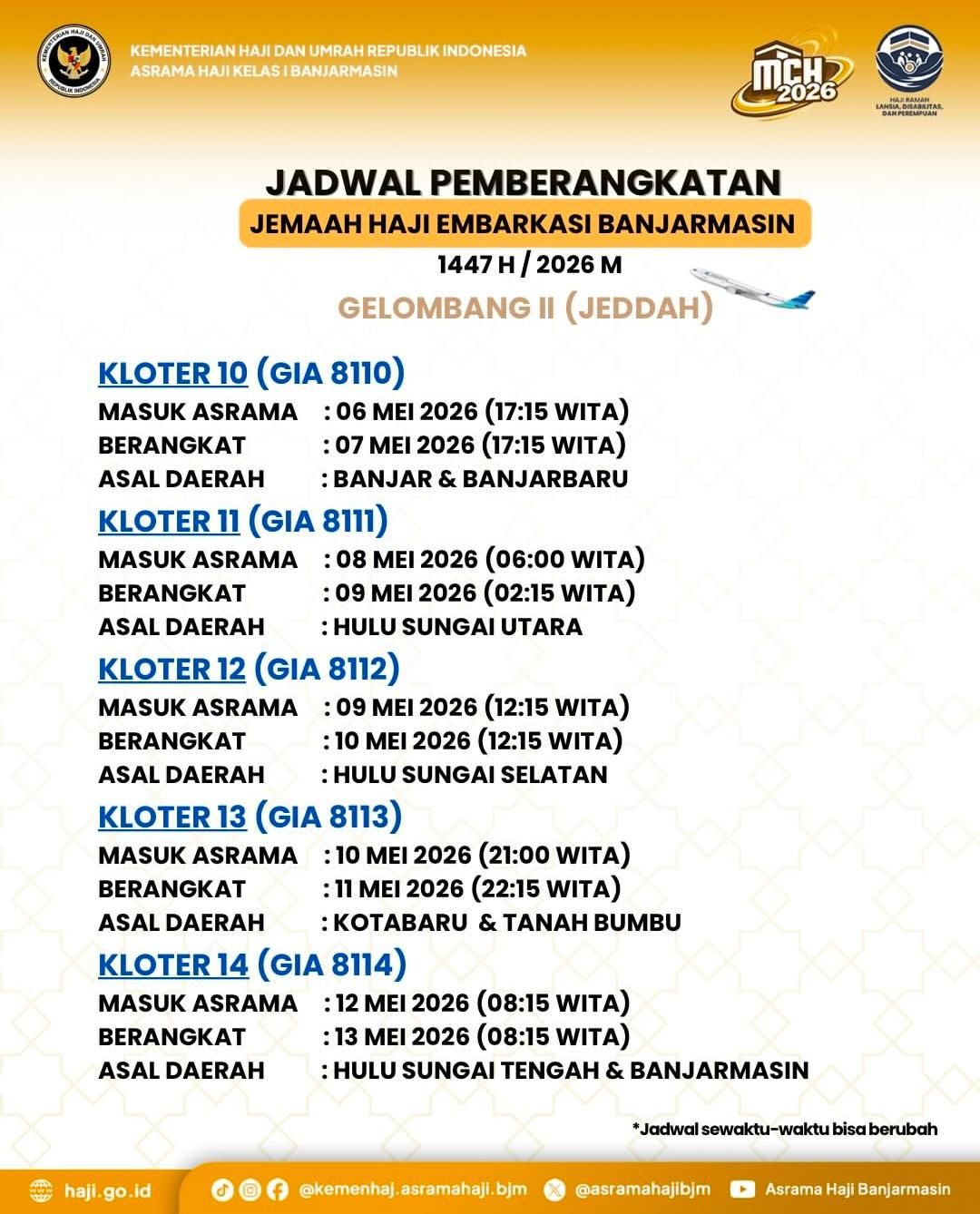 Jadwal Lengkap Keberangkatan Haji Embarkasi Banjarmasin 2026: Cek Kloter dan Tanggal Masuk Asrama!