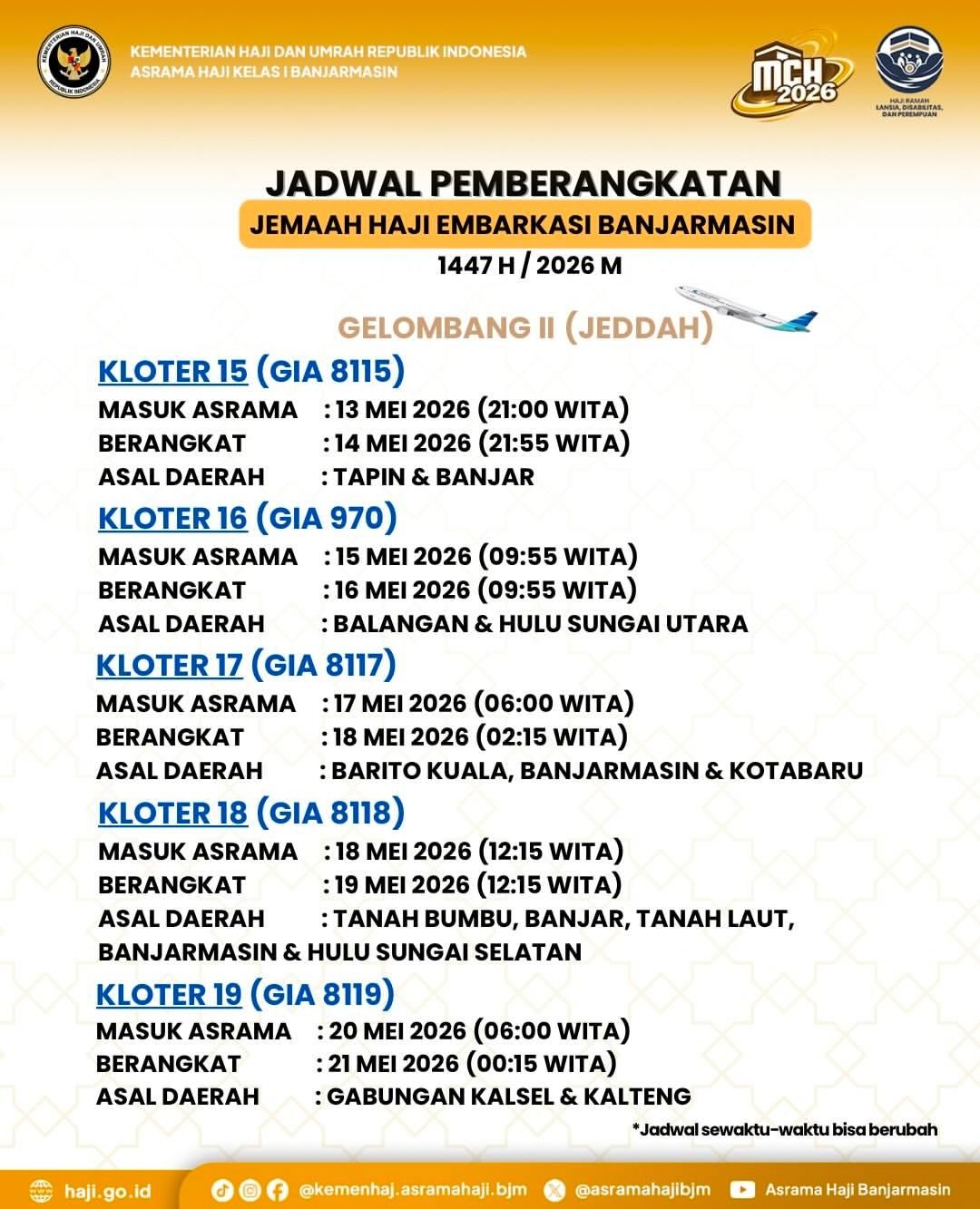 Jadwal Lengkap Keberangkatan Haji Embarkasi Banjarmasin 2026: Cek Kloter dan Tanggal Masuk Asrama!