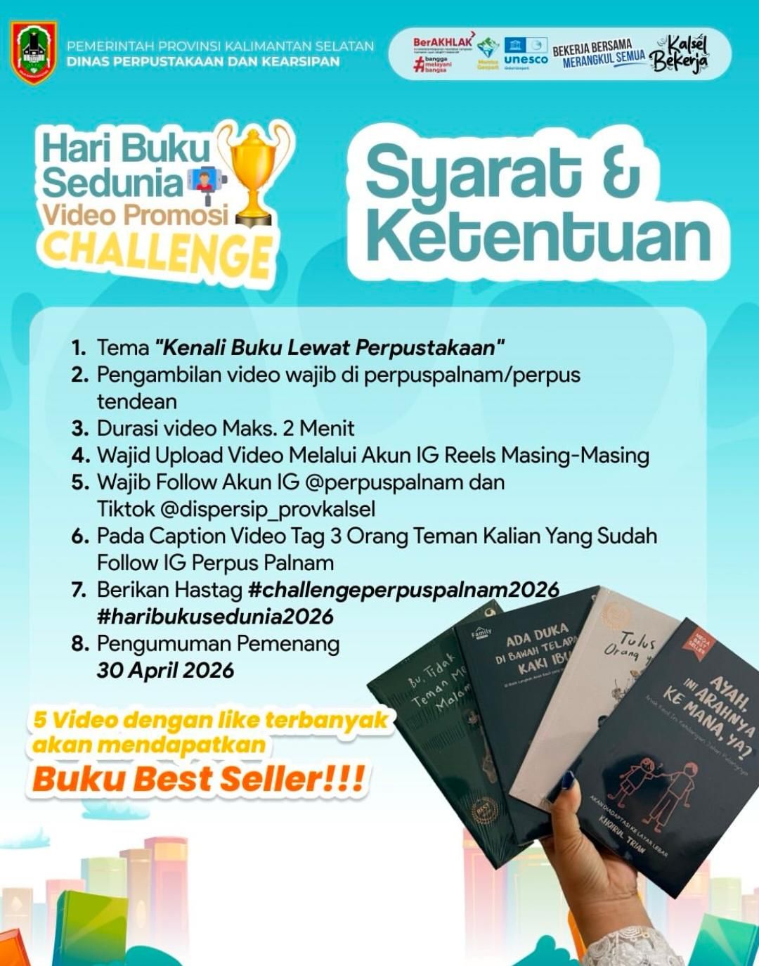 Rayakan Hari Buku Sedunia 2026, Dispersip Kalsel Bagi-Bagi Buku Best Seller Lewat Challenge Video Kreatif