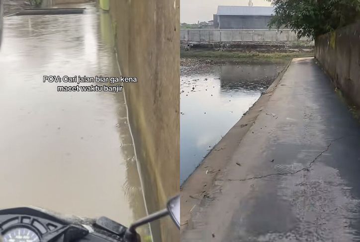 Momen Cari Jalan Pintas saat Banjir, Pemotor Ini Malah Lewat Jalur yang Bikin Deg-degan