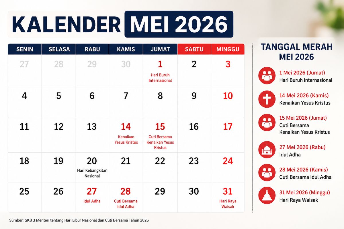 ⁠ ⁠Daftar Long Weekend dan Tanggal Merah Mei 2026, Catat Jadwal Liburnya!