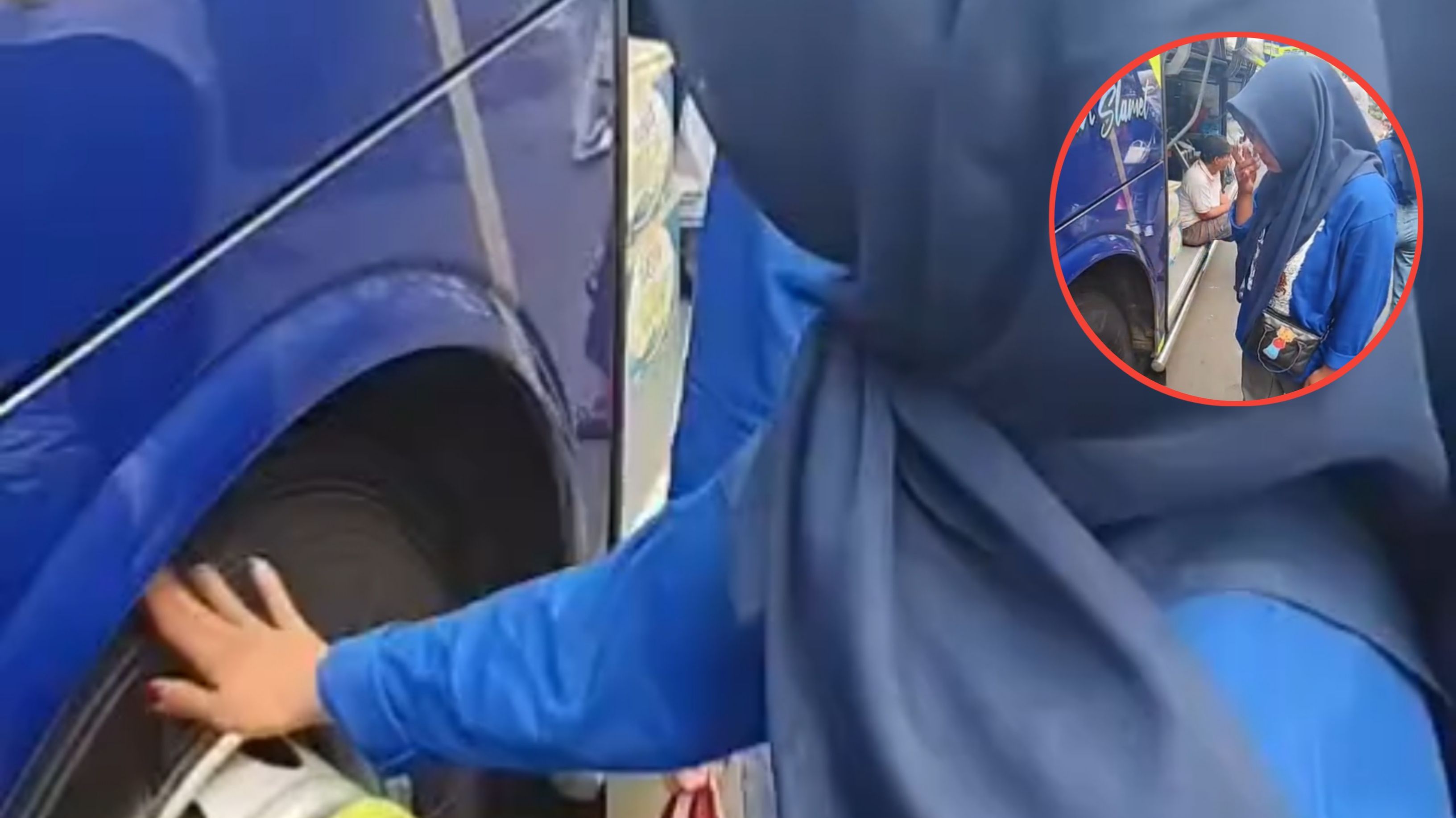 Kocak! Ibu-ibu Ini Cium Ban Bus agar Tidak Mabuk Perjalanan