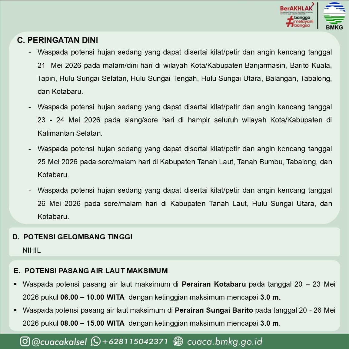 Waspada Cuaca Ekstrem Kalimantan Selatan: Prakiraan BMKG 20–26 Mei 2026