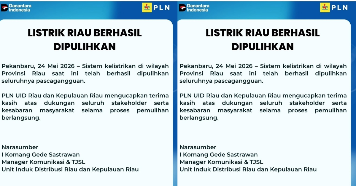 Listrik di Riau Resmi Pulih Total Usai Blackout Masal, PLN Hanya Ucapkan Terima Kasih ke Masyarakat