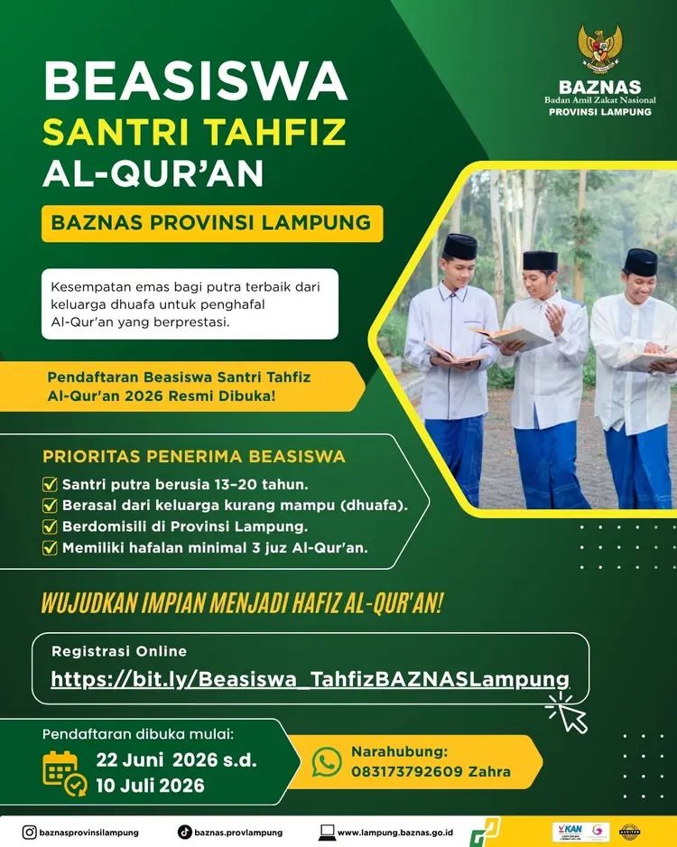 BAZNAS Lampung Buka Beasiswa Santri Tahfiz Al-Qur an 2026, Hafalan Minimal 3 Juz