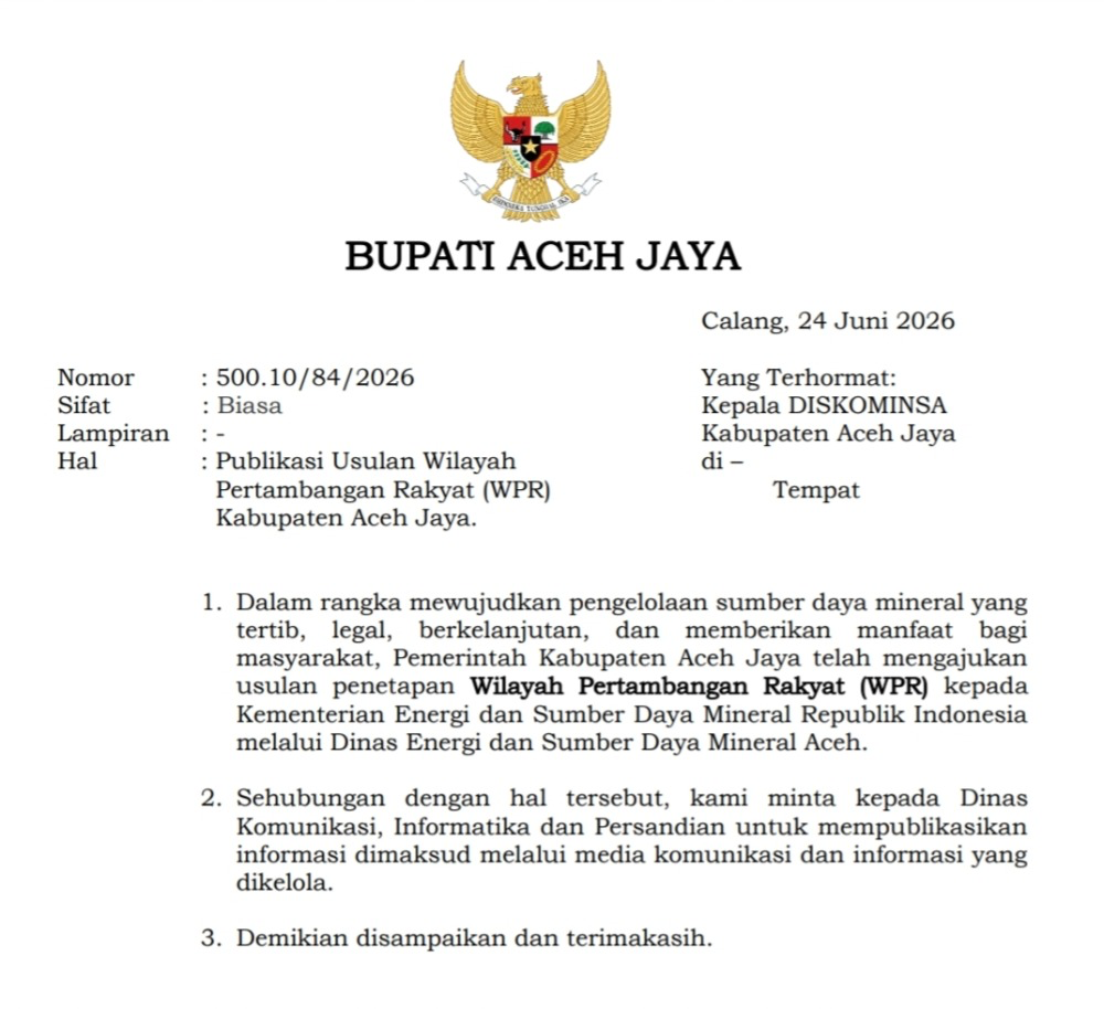 Cegah Tambang Ilegal, Pemkab Aceh Jaya Usulkan Penetapan WPR ke Pemerintah Aceh